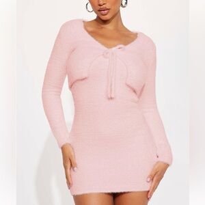Soft Pink Fuzzy Knit Dress with Cardigan